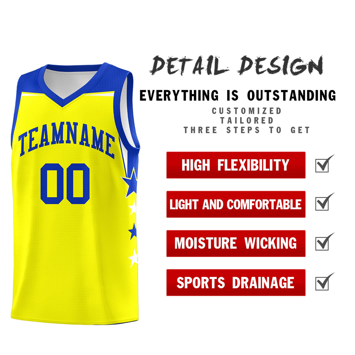 Custom Youth Basketball Uniform Fluorescent Yellow Royal Two Tone Side Star Color Block Team Jersey