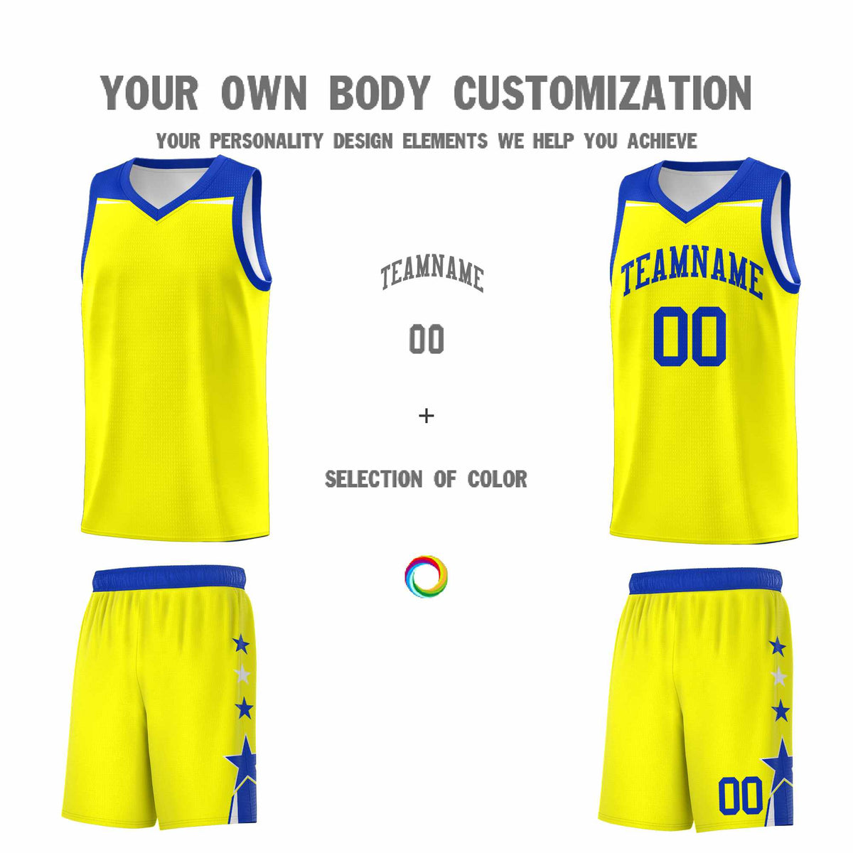 Custom Youth Basketball Uniform Fluorescent Yellow Royal Two Tone Side Star Color Block Team Jersey