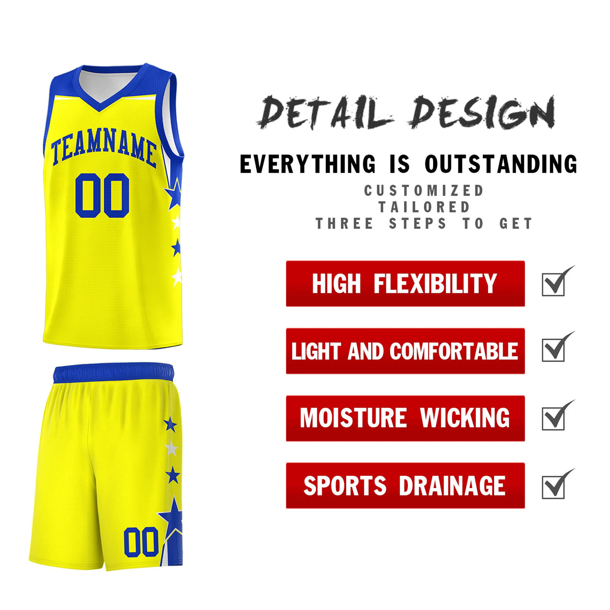 Custom Youth Basketball Uniform Fluorescent Yellow Royal Two Tone Side Star Color Block Team Jersey
