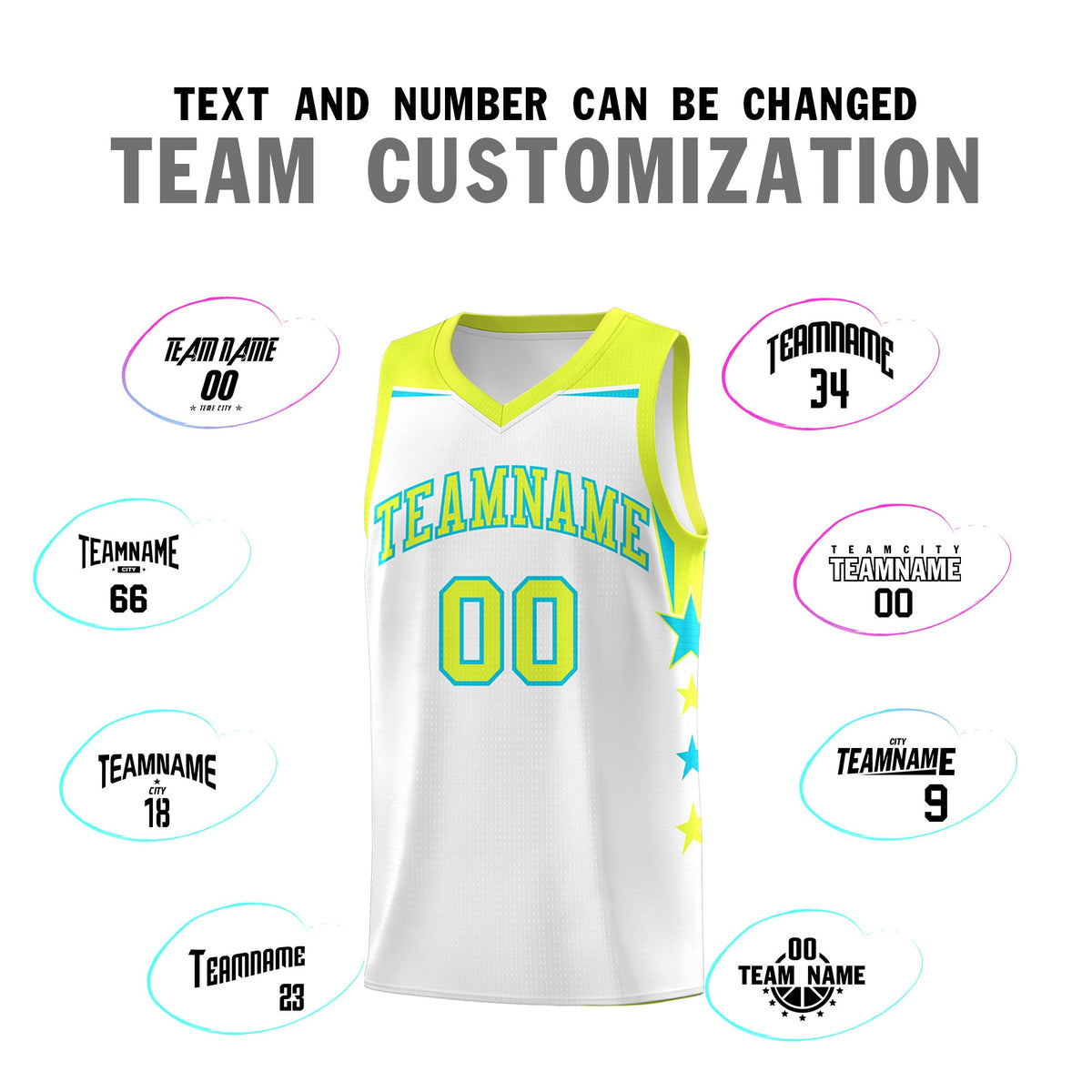 Custom Youth Basketball Uniform White Fluorescent Green Two Tone Side Star Add Name Number &amp; Logo