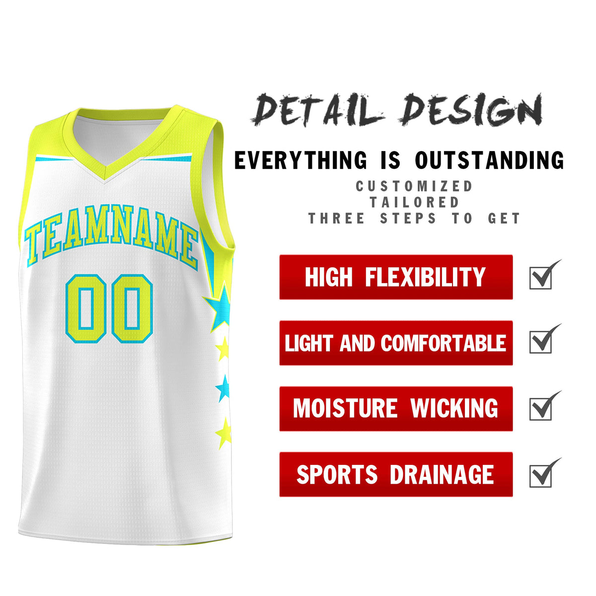 Custom Youth Basketball Uniform White Fluorescent Green Two Tone Side Star Add Name Number &amp; Logo