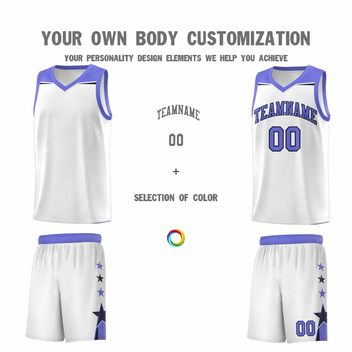 Custom Youth Basketball Uniform White Purple Two Tone Side Star Add Name Number &amp; Logo