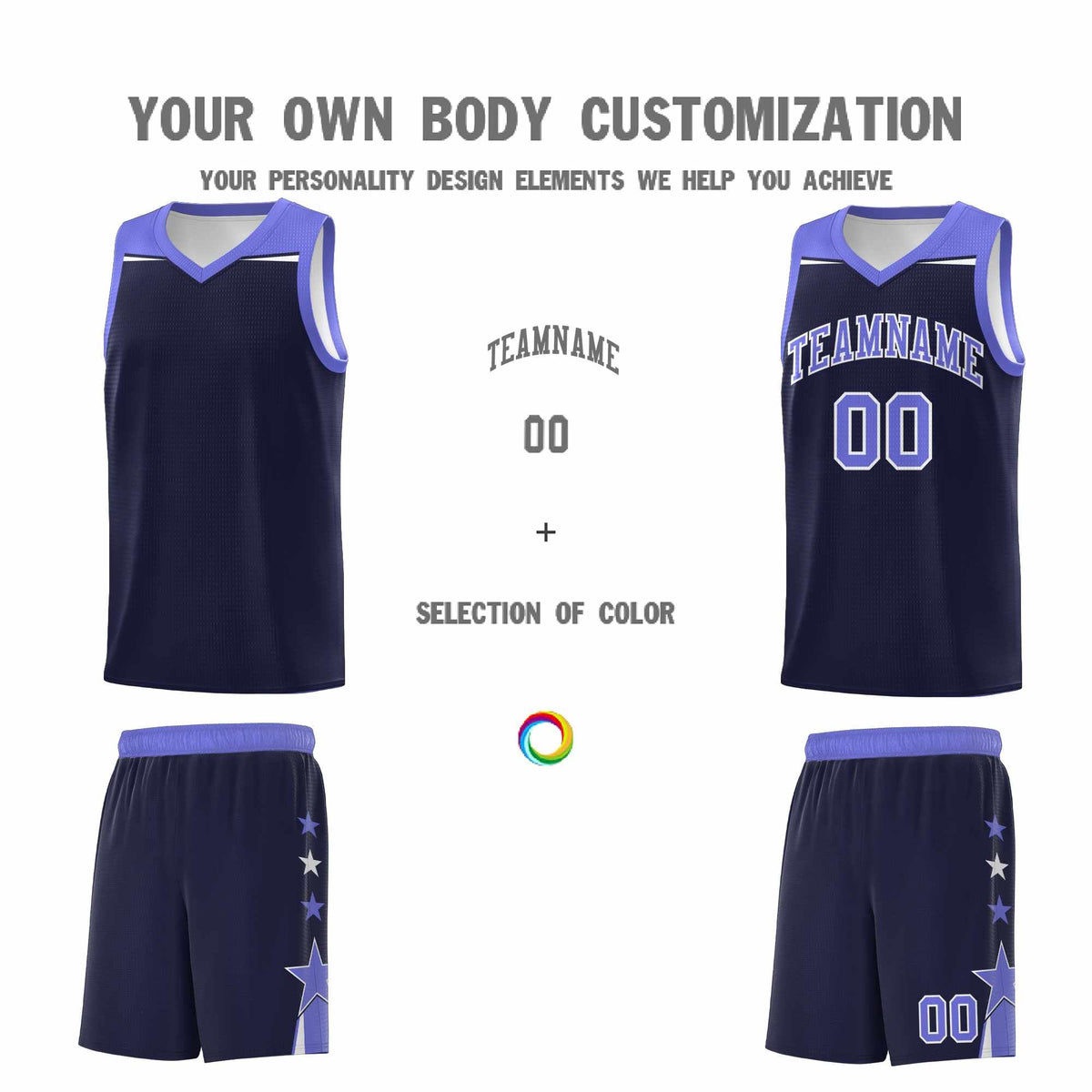 Custom Youth Basketball Uniform Navy Purple Two Tone Side Star Color Block Team Jersey