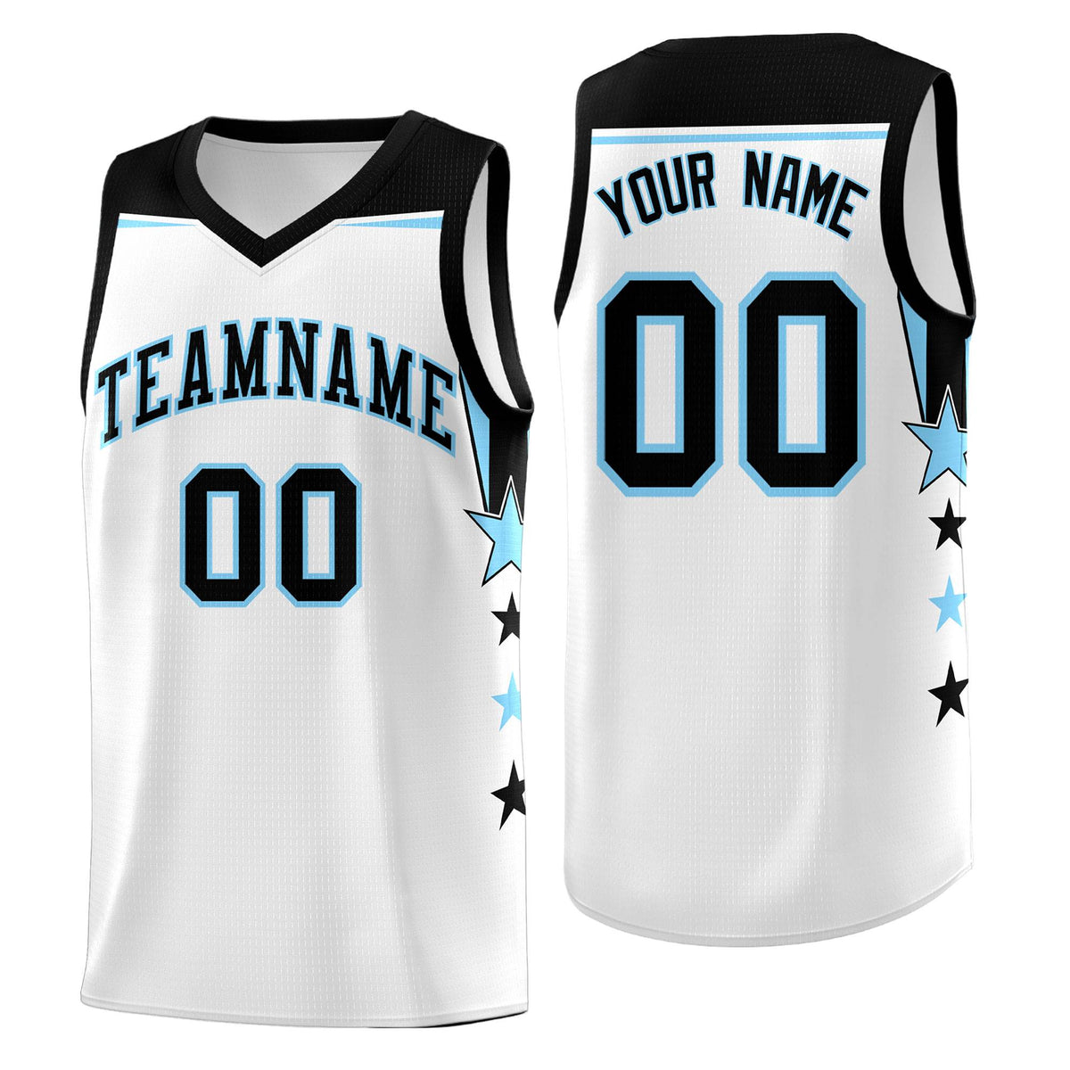 Custom Youth Basketball Uniform White Light Blue Two Tone Side Star Add Name Number &amp; Logo