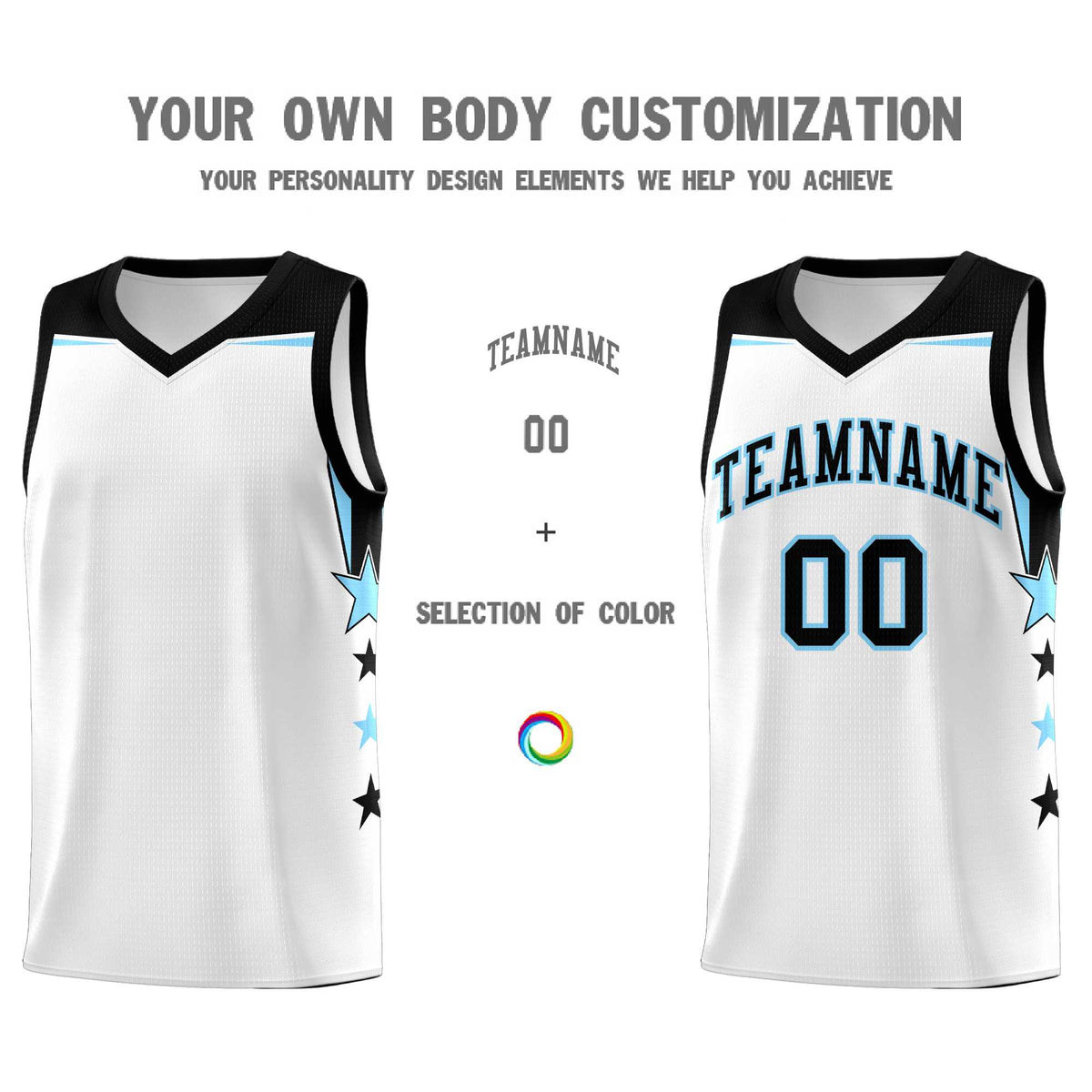 Custom Youth Basketball Uniform White Light Blue Two Tone Side Star Add Name Number &amp; Logo