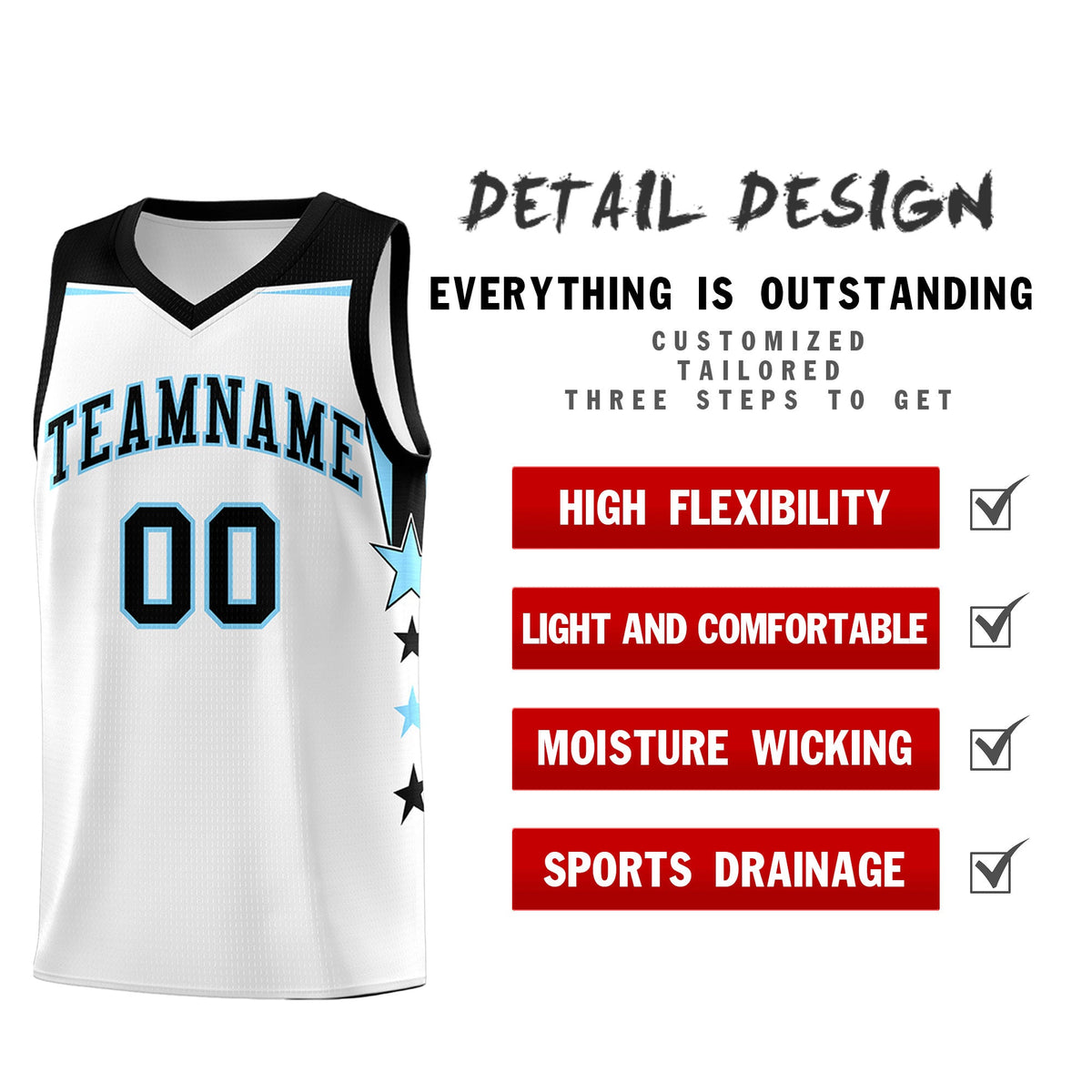 Custom Youth Basketball Uniform White Light Blue Two Tone Side Star Add Name Number &amp; Logo