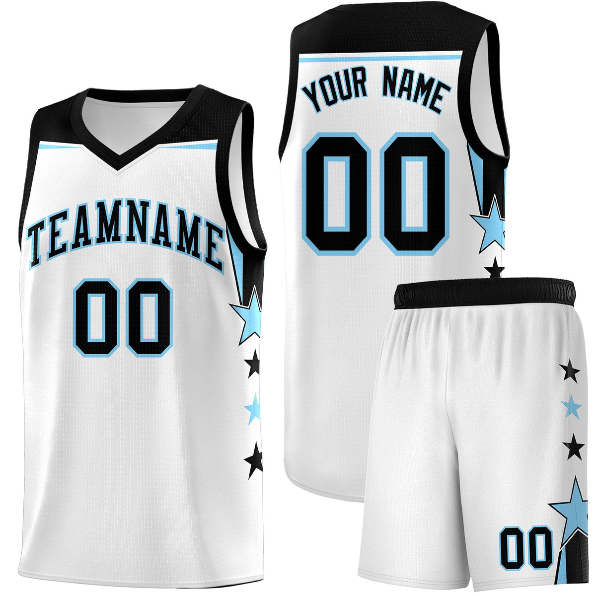 Custom Youth Basketball Uniform White Light Blue Two Tone Side Star Add Name Number &amp; Logo