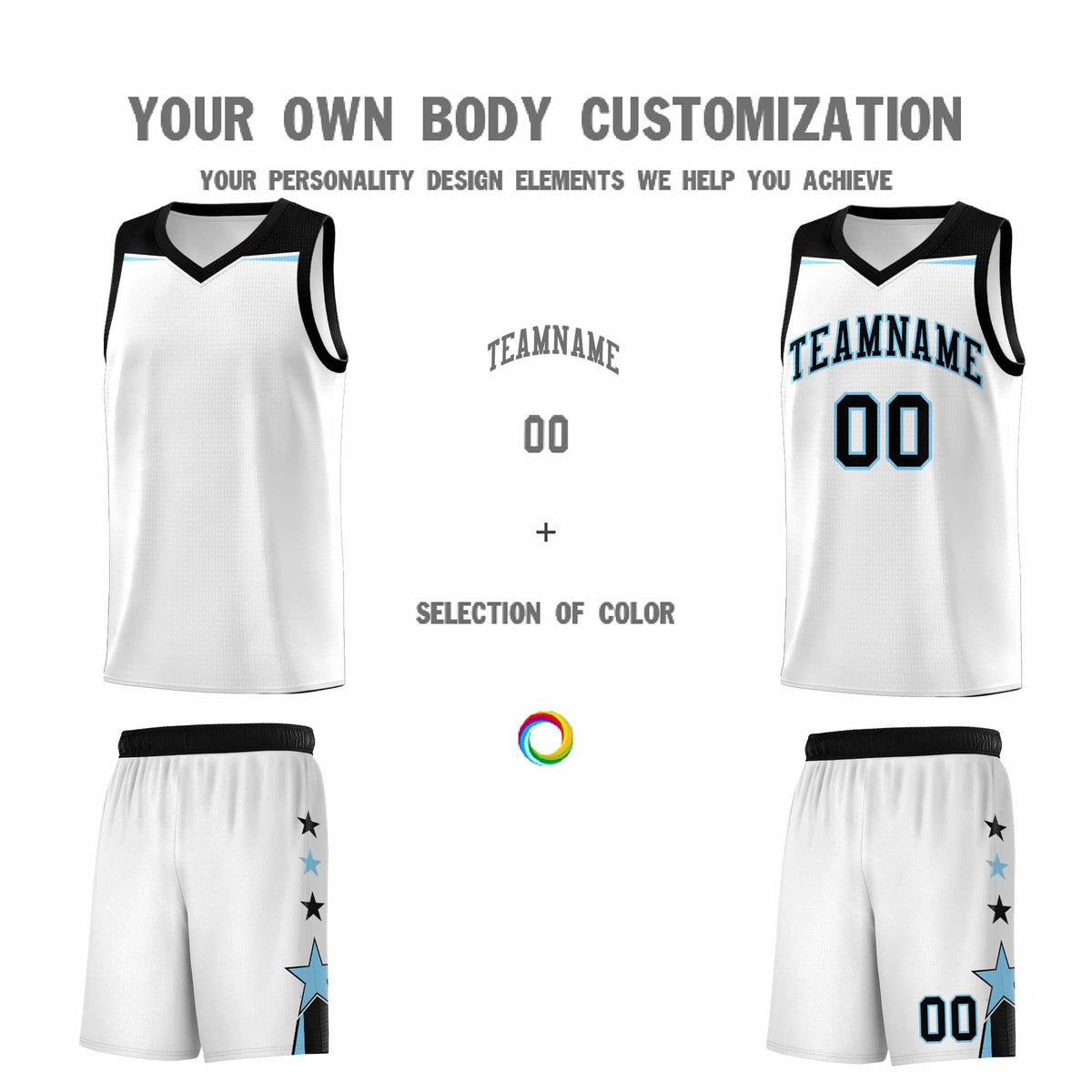 Custom Youth Basketball Uniform White Light Blue Two Tone Side Star Add Name Number &amp; Logo