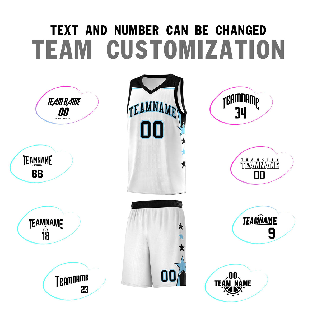 Custom Youth Basketball Uniform White Light Blue Two Tone Side Star Add Name Number &amp; Logo
