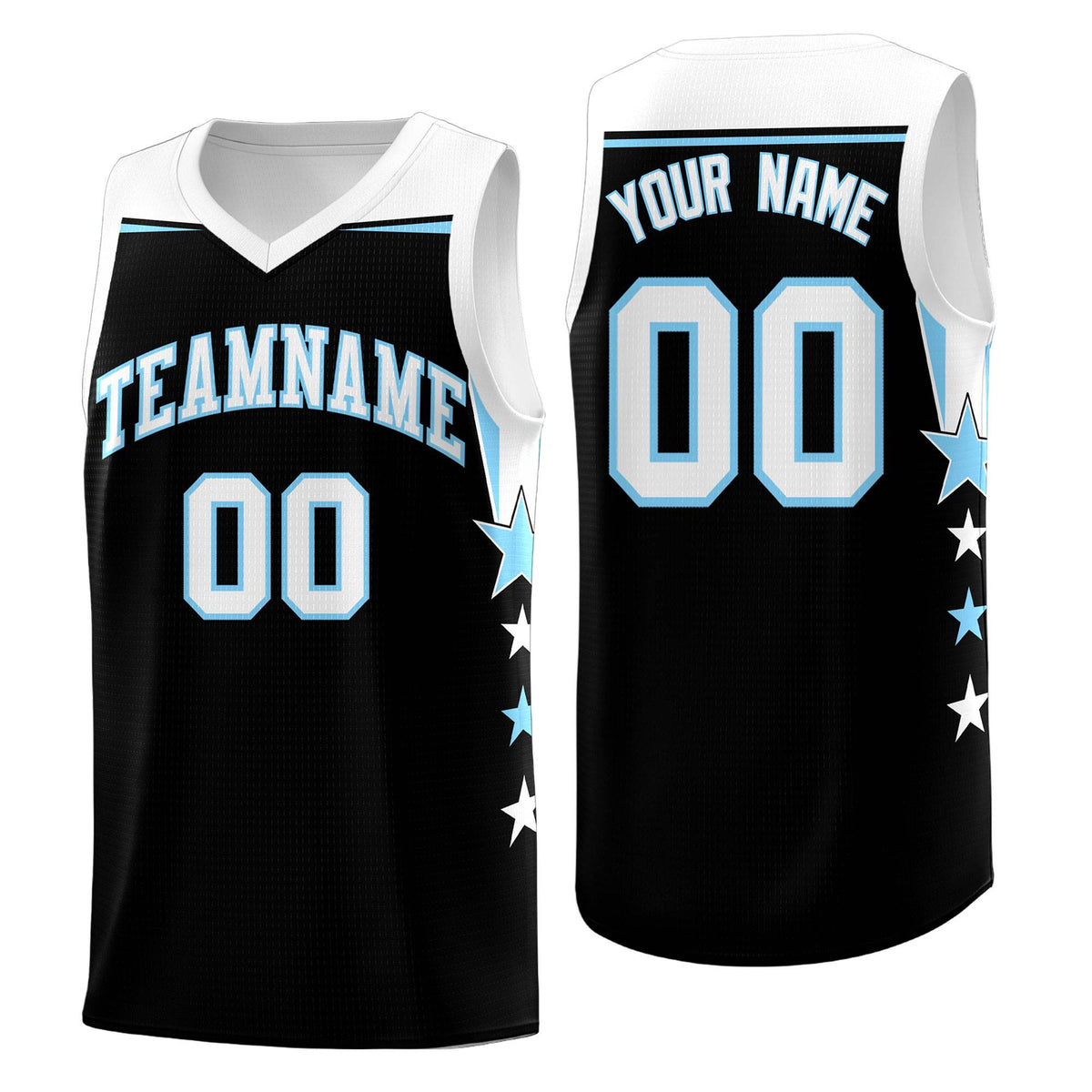 Custom Youth Basketball Uniform Black Light Blue Two Tone Side Star Personalized Team Jersey