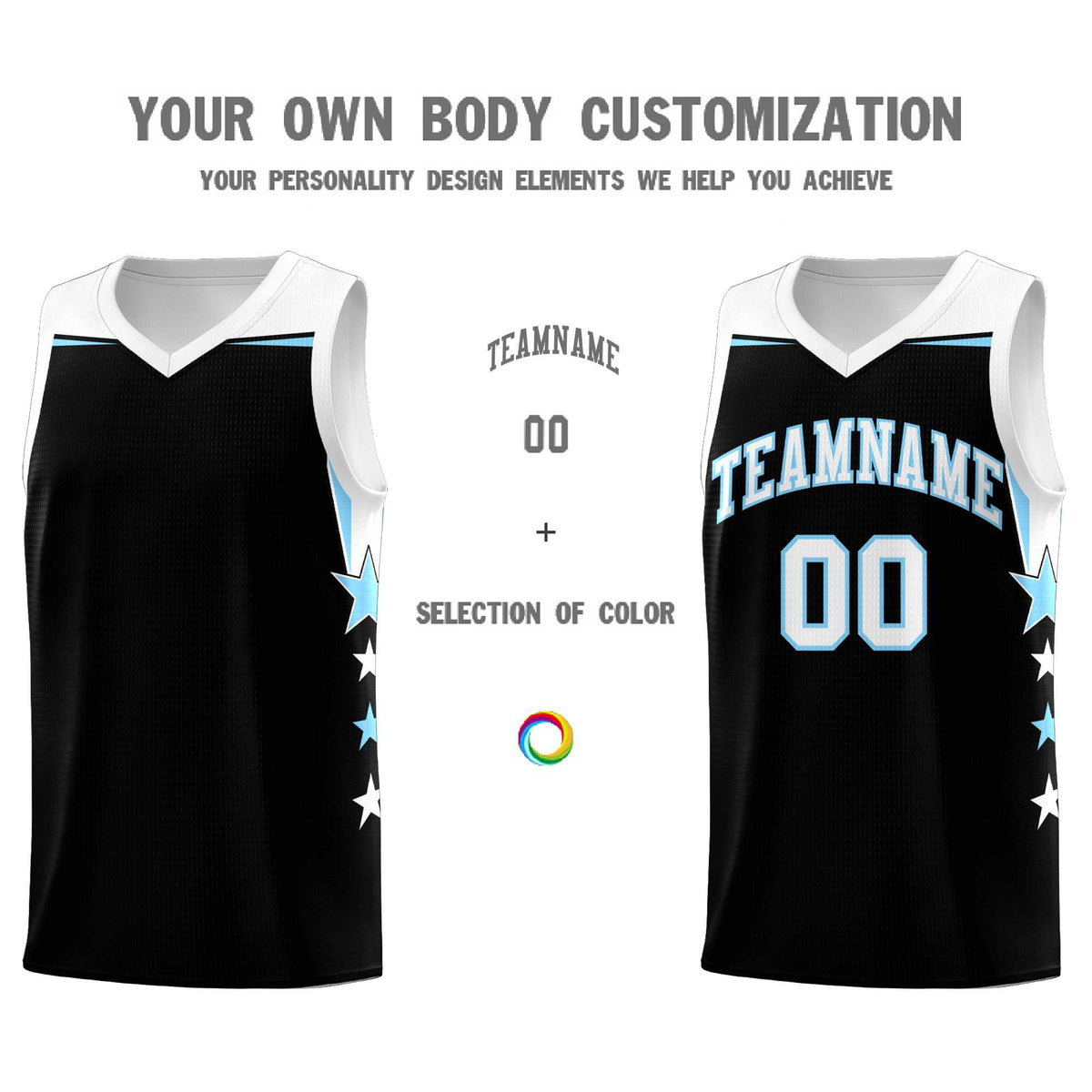 Custom Youth Basketball Uniform Black Light Blue Two Tone Side Star Personalized Team Jersey