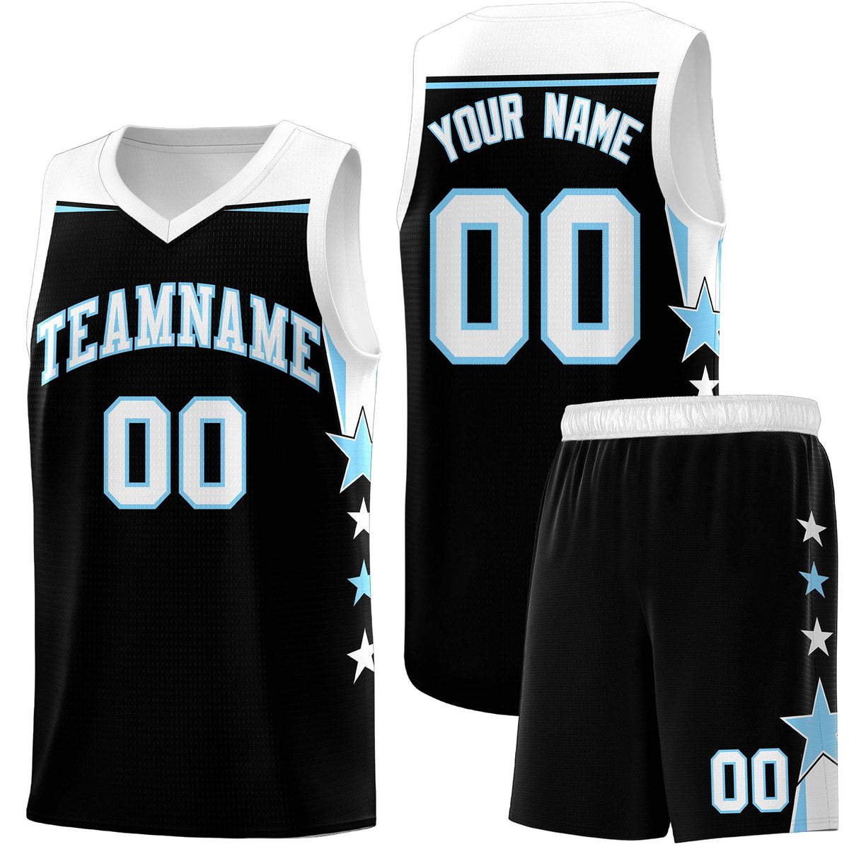 Custom Youth Basketball Uniform Black Light Blue Two Tone Side Star Personalized Team Jersey