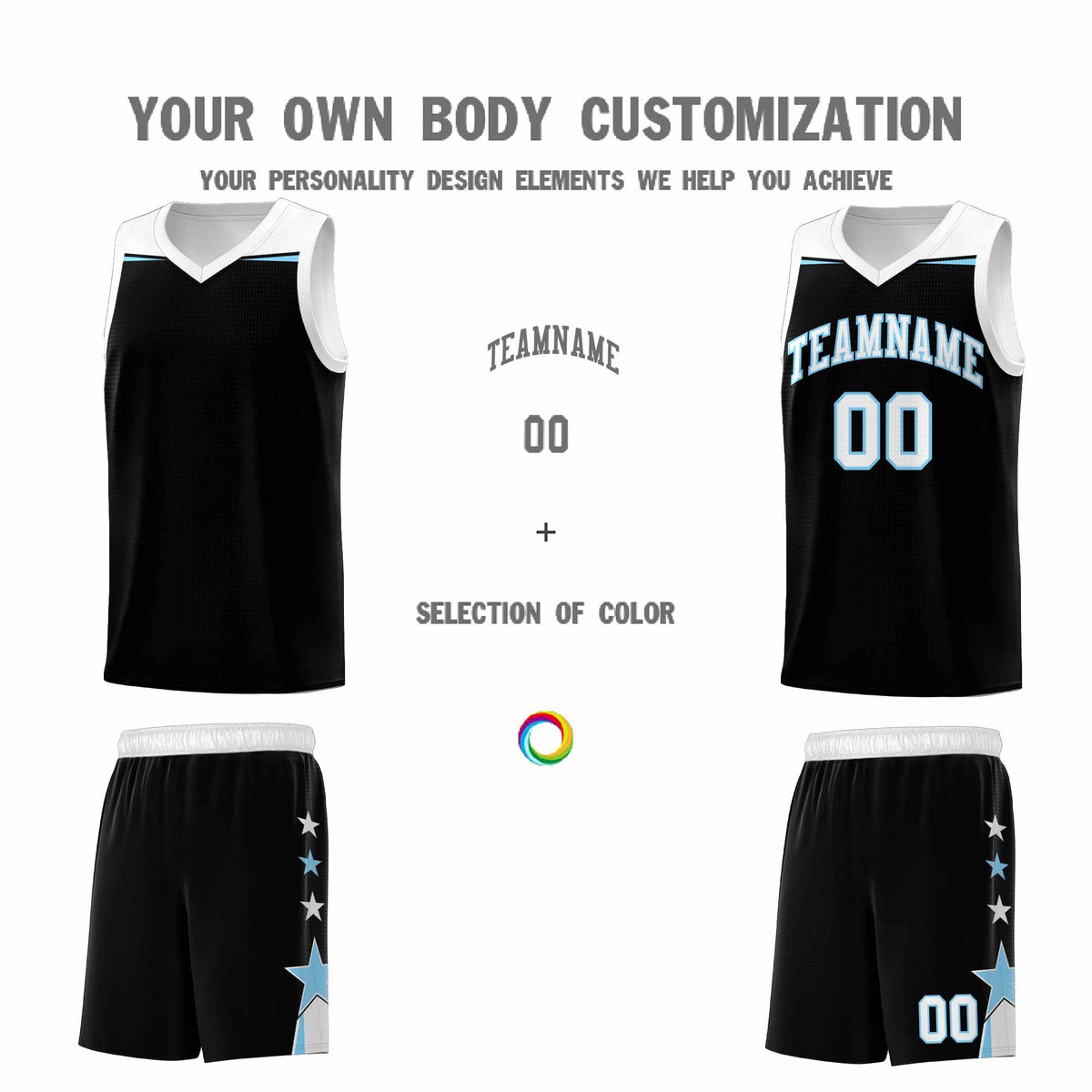 Custom Youth Basketball Uniform Black Light Blue Two Tone Side Star Personalized Team Jersey