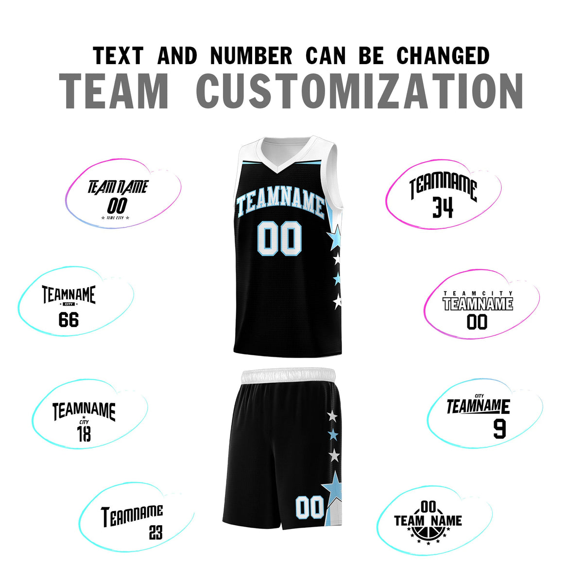 Custom Youth Basketball Uniform Black Light Blue Two Tone Side Star Personalized Team Jersey