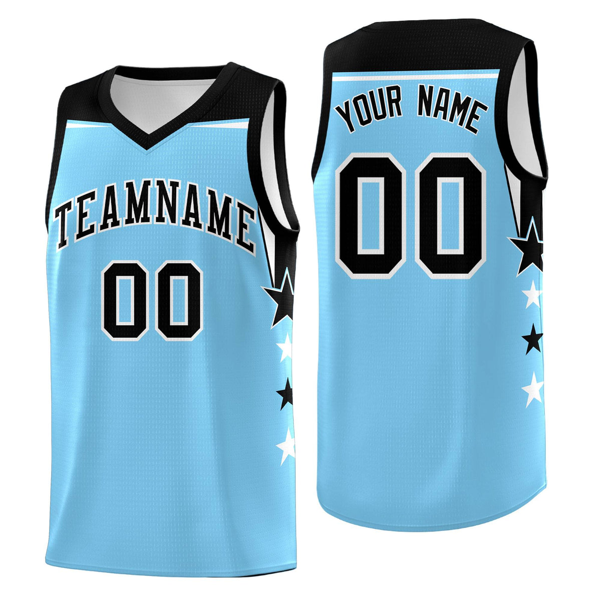 Custom Youth Basketball Uniform Light Blue Black Two Tone Side Star Color Block Team Jersey