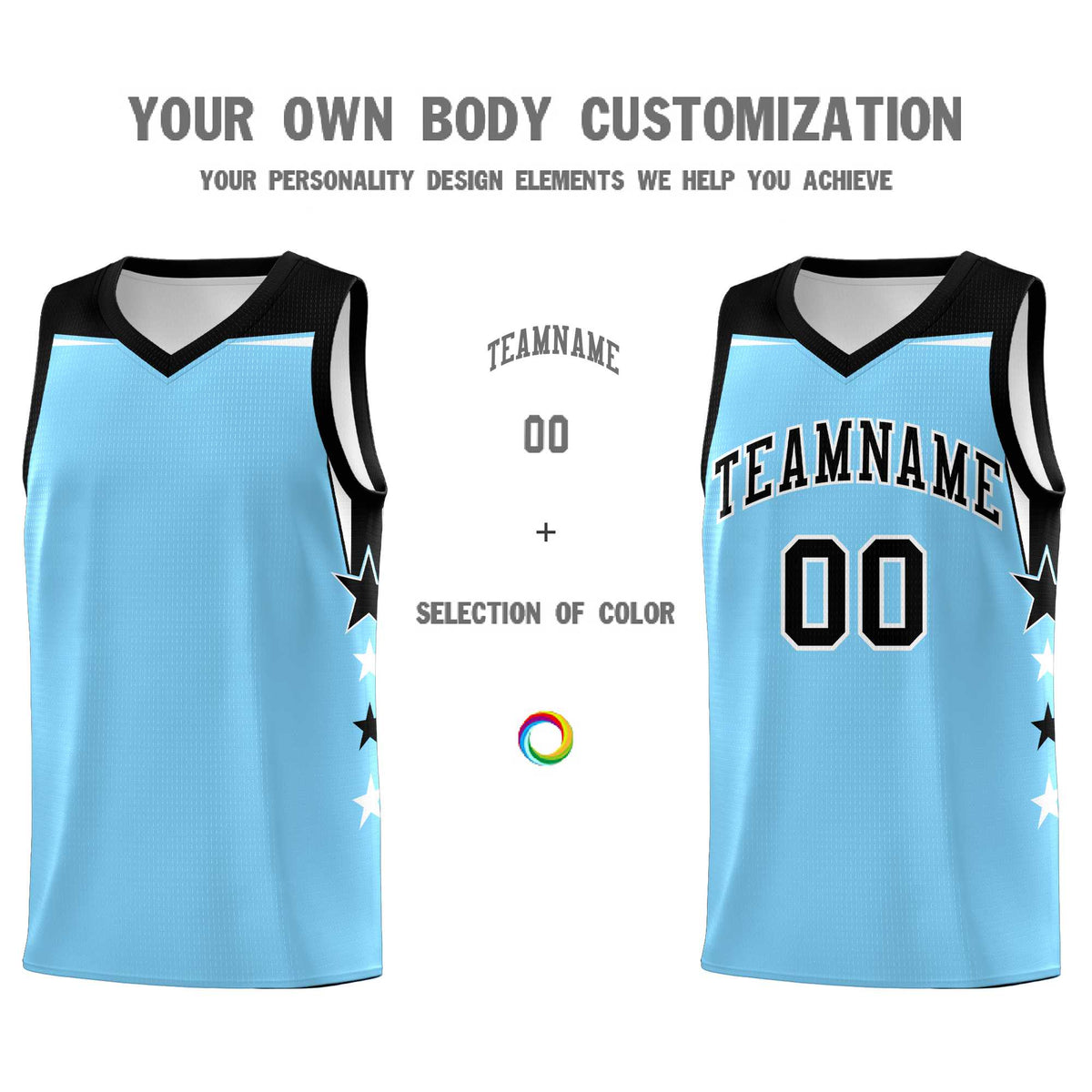 Custom Youth Basketball Uniform Light Blue Black Two Tone Side Star Color Block Team Jersey