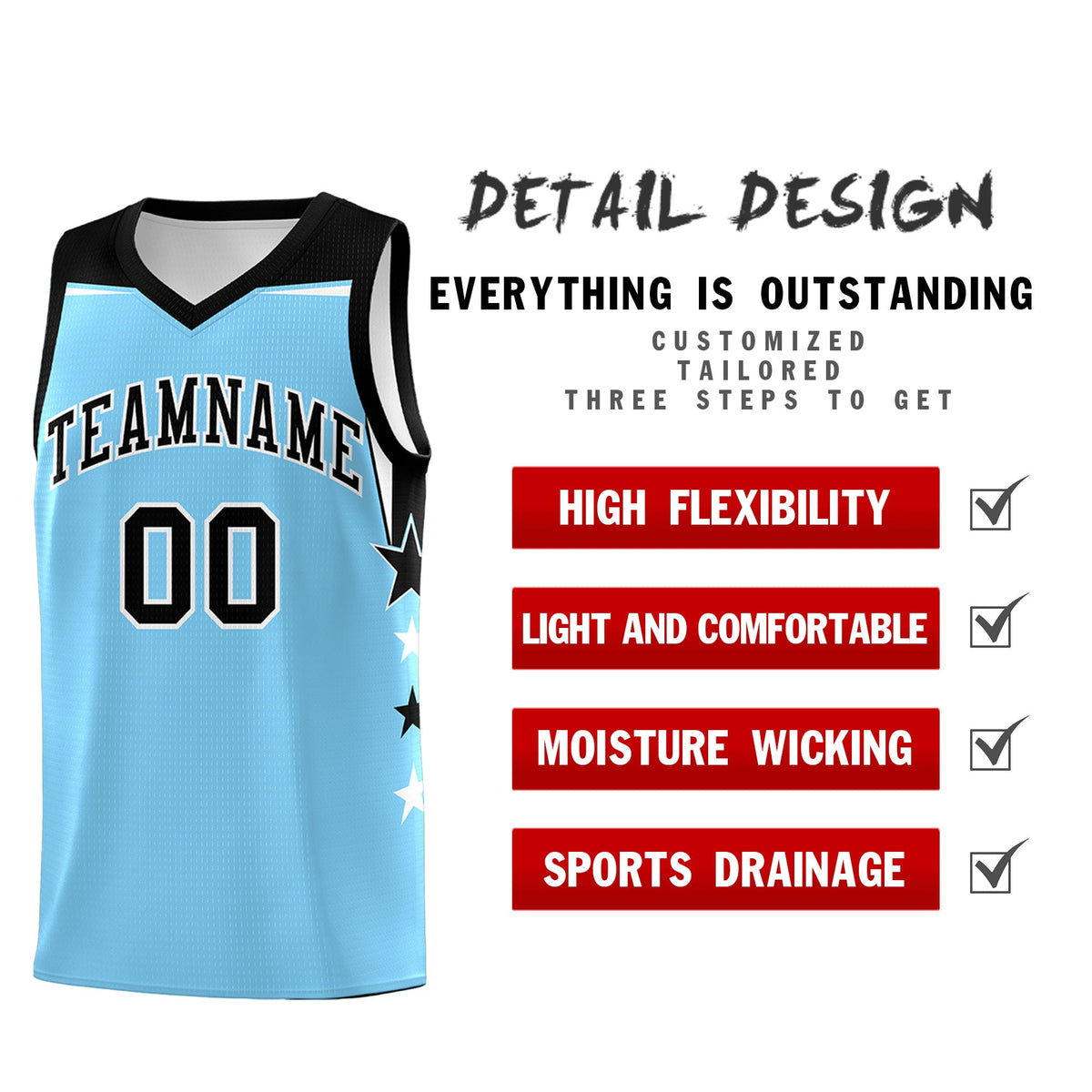 Custom Youth Basketball Uniform Light Blue Black Two Tone Side Star Color Block Team Jersey