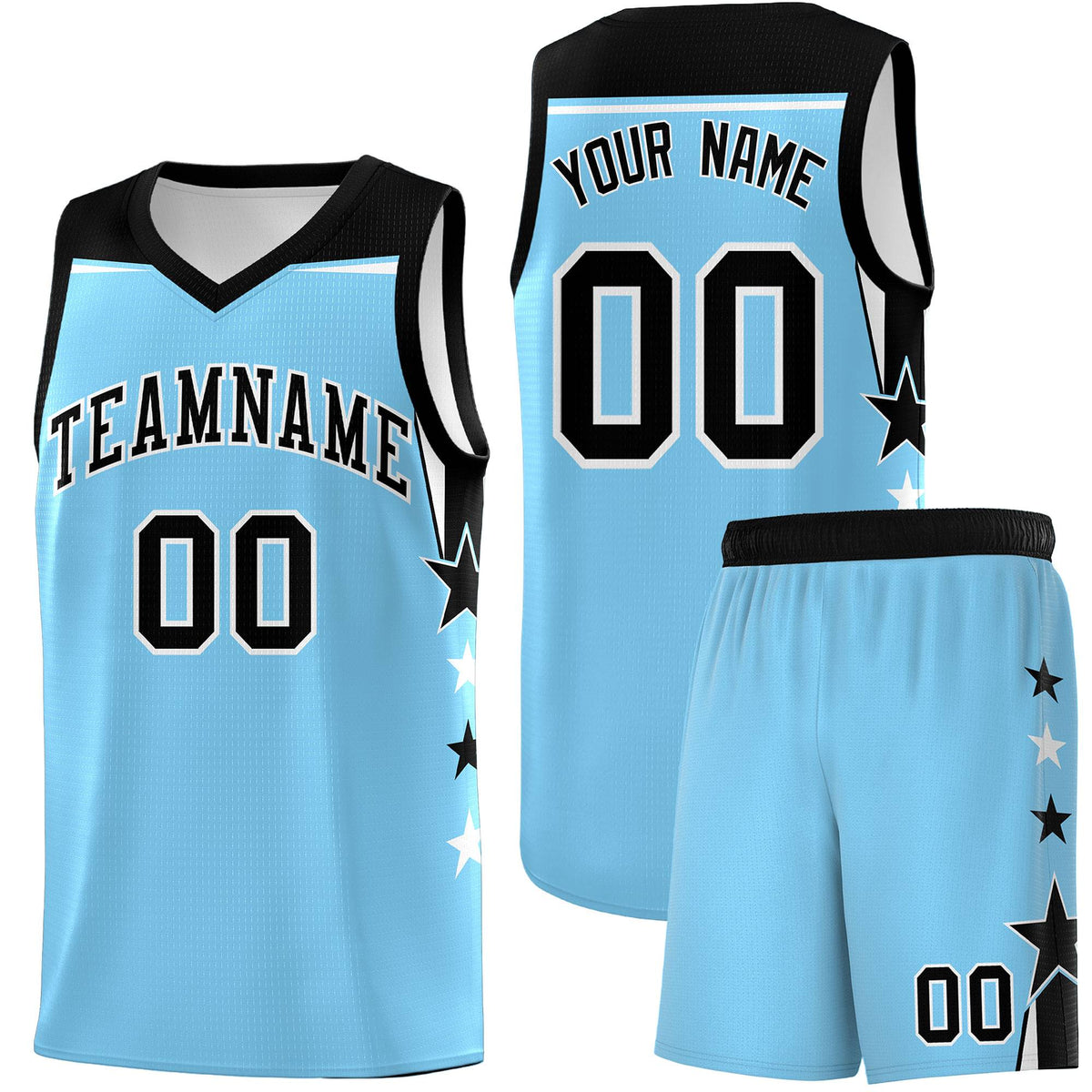 Custom Youth Basketball Uniform Light Blue Black Two Tone Side Star Color Block Team Jersey