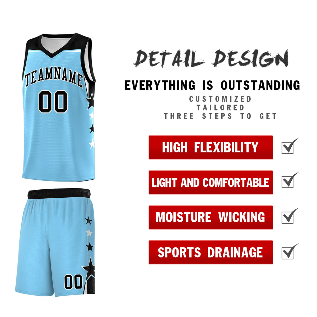 Custom Youth Basketball Uniform Light Blue Black Two Tone Side Star Color Block Team Jersey