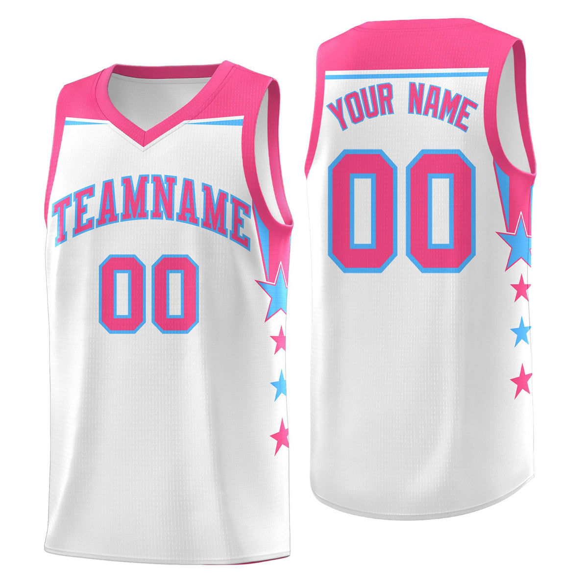 Custom Youth Basketball Uniform White Pink Two Tone Side Star Add Name Number &amp; Logo
