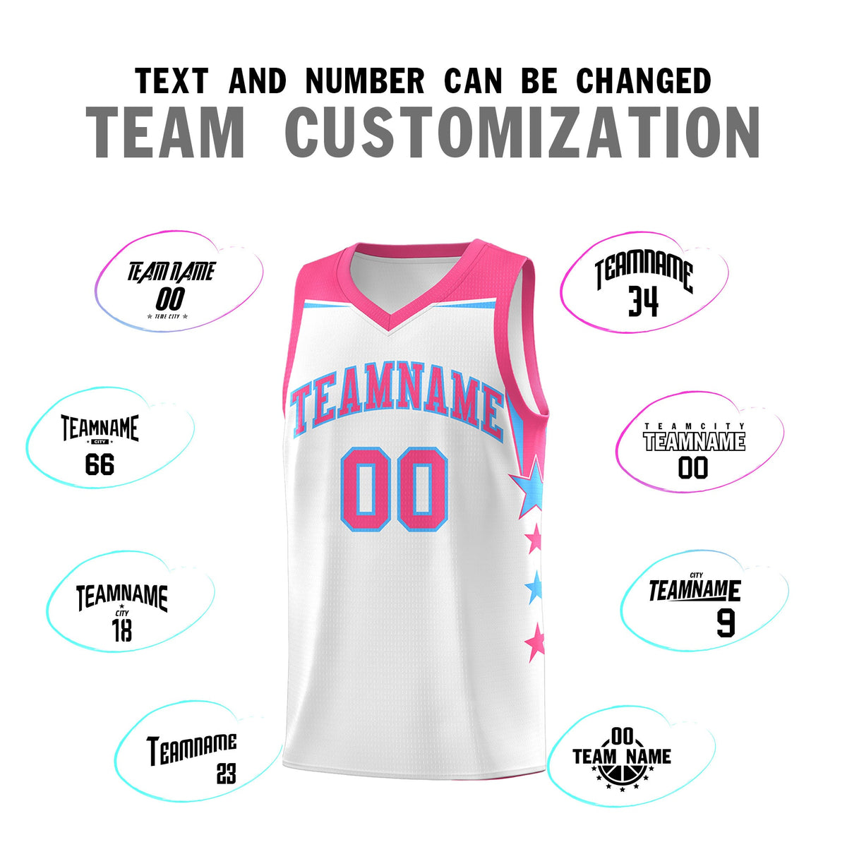 Custom Youth Basketball Uniform White Pink Two Tone Side Star Add Name Number &amp; Logo