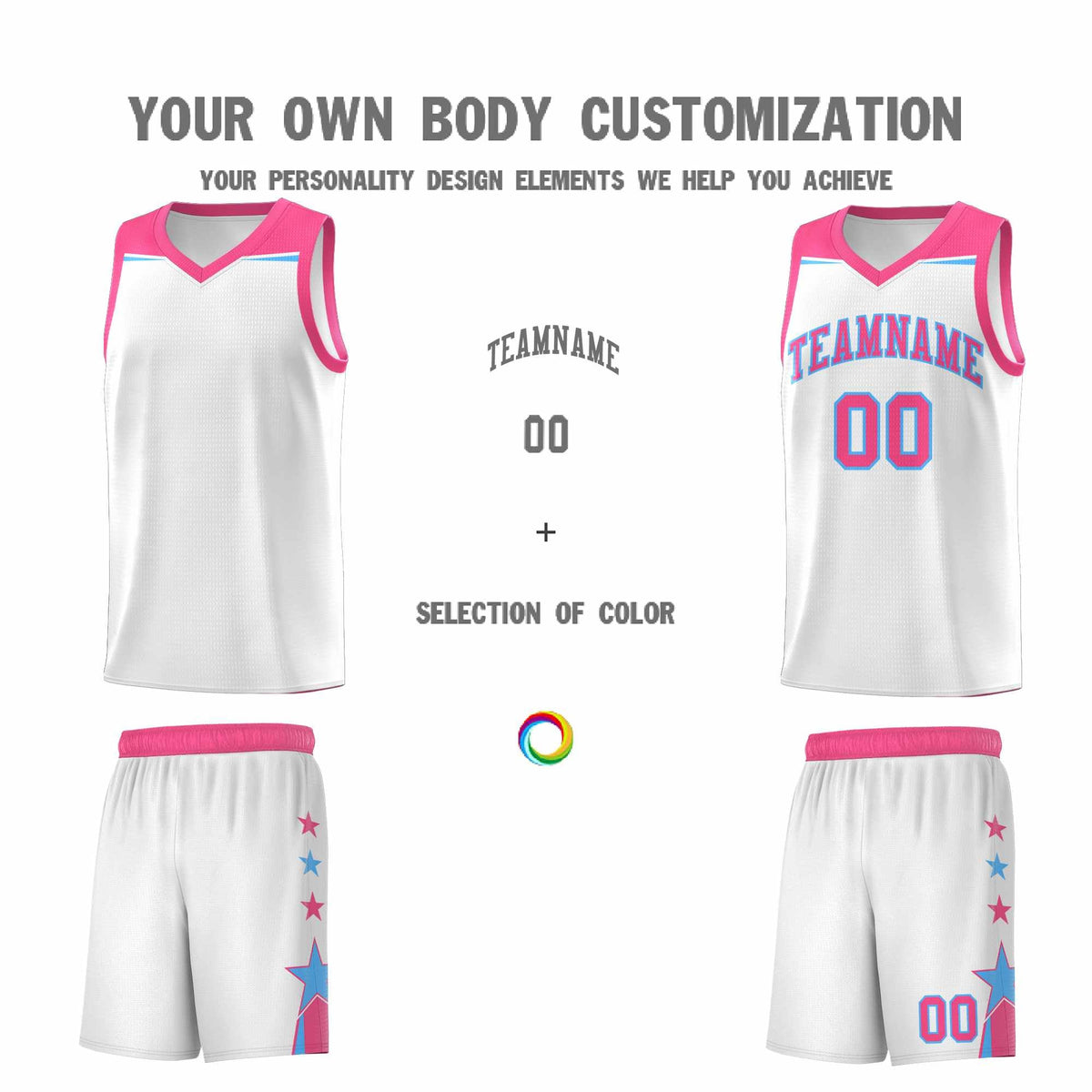 Custom Youth Basketball Uniform White Pink Two Tone Side Star Add Name Number &amp; Logo