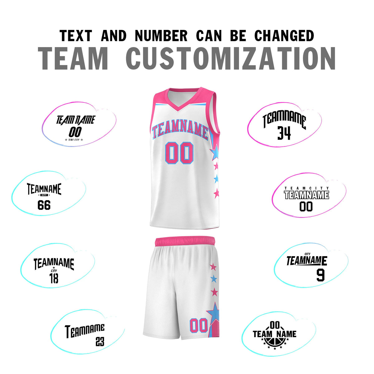 Custom Youth Basketball Uniform White Pink Two Tone Side Star Add Name Number &amp; Logo