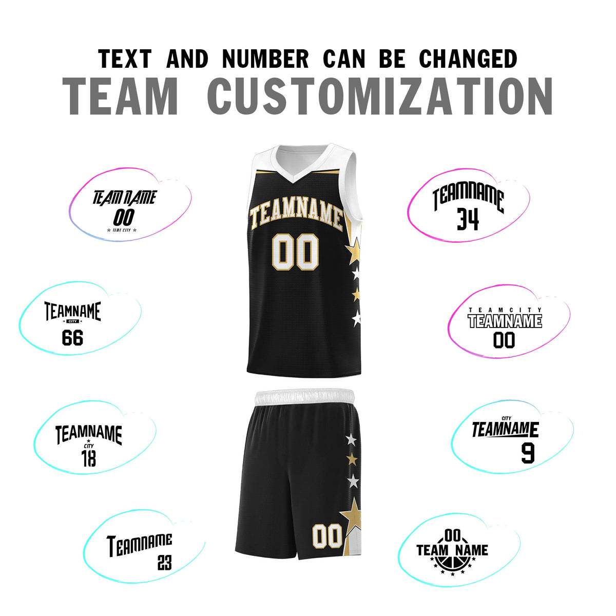 Custom Youth Basketball Uniform Black White Two Tone Side Star Personalized Team Jersey