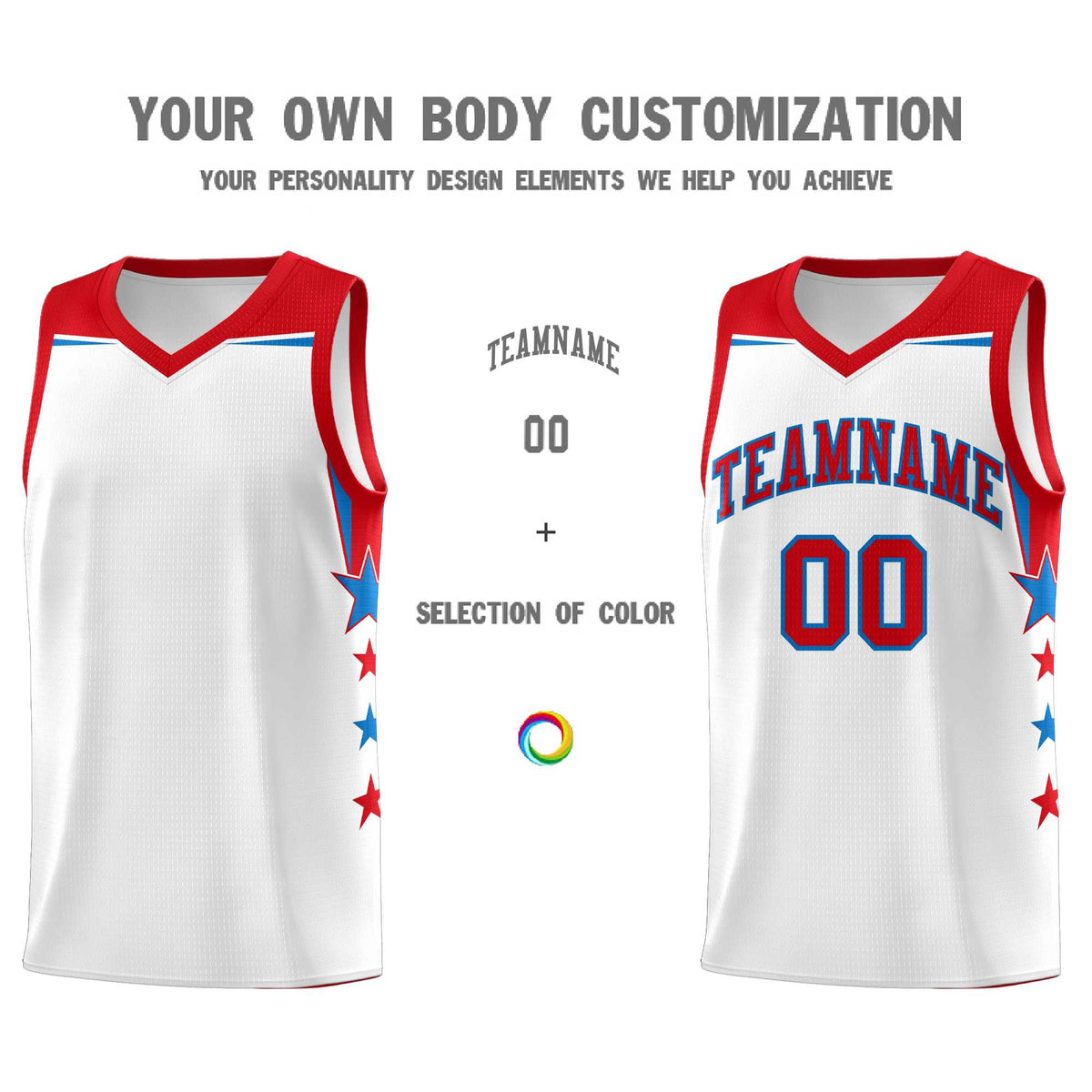 Custom Youth Basketball Uniform White Red Two Tone Side Star Add Name Number &amp; Logo