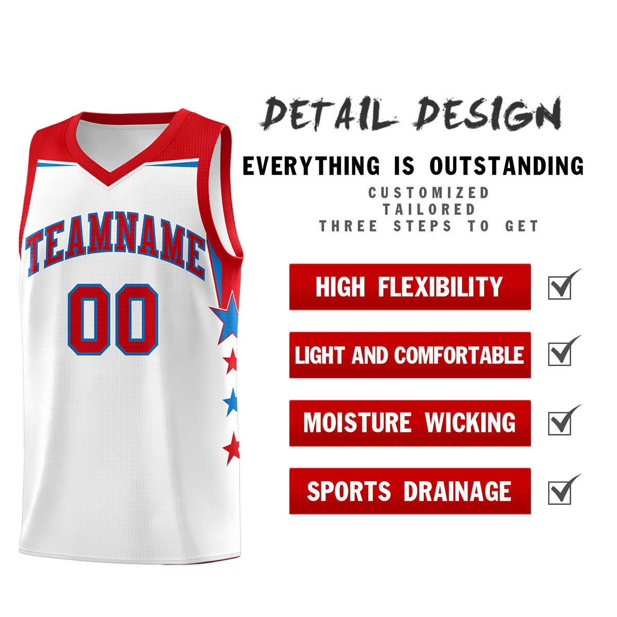 Custom Youth Basketball Uniform White Red Two Tone Side Star Add Name Number &amp; Logo