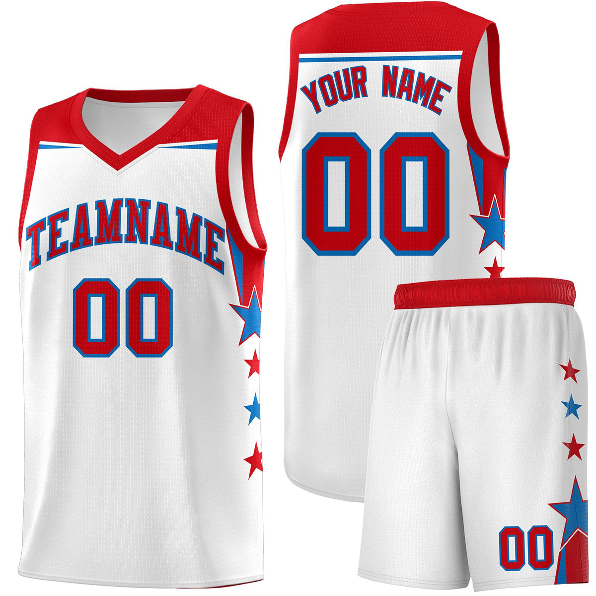 Custom Youth Basketball Uniform White Red Two Tone Side Star Add Name Number &amp; Logo