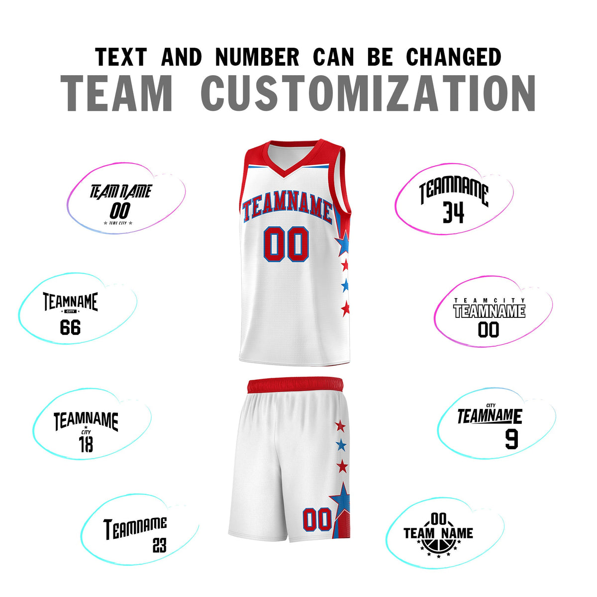 Custom Youth Basketball Uniform White Red Two Tone Side Star Add Name Number &amp; Logo