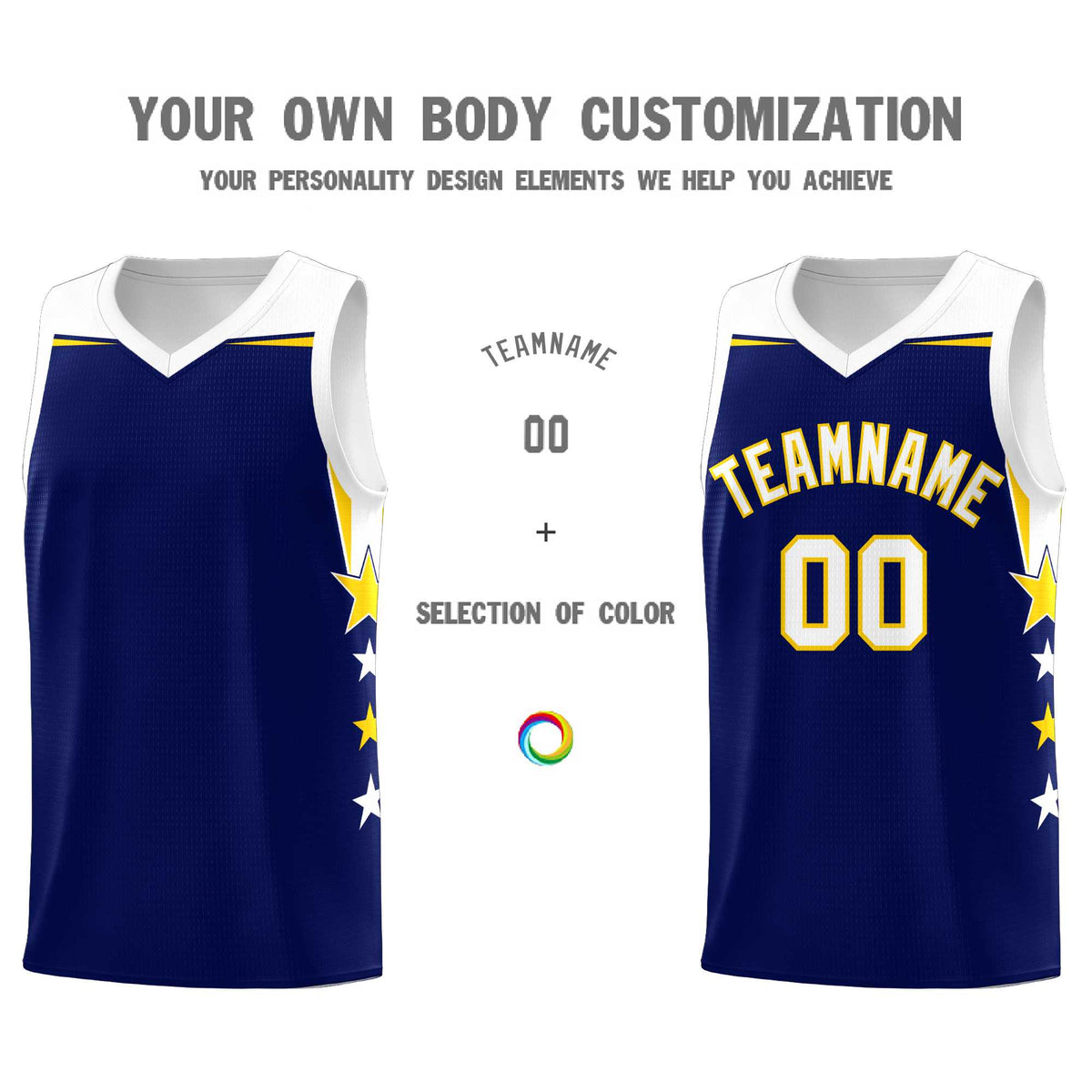 Custom Youth Basketball Uniform Navy White Two Tone Side Star Add Name Number &amp; Logo