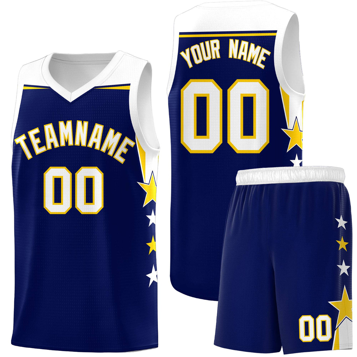 Custom Youth Basketball Uniform Navy White Two Tone Side Star Add Name Number &amp; Logo