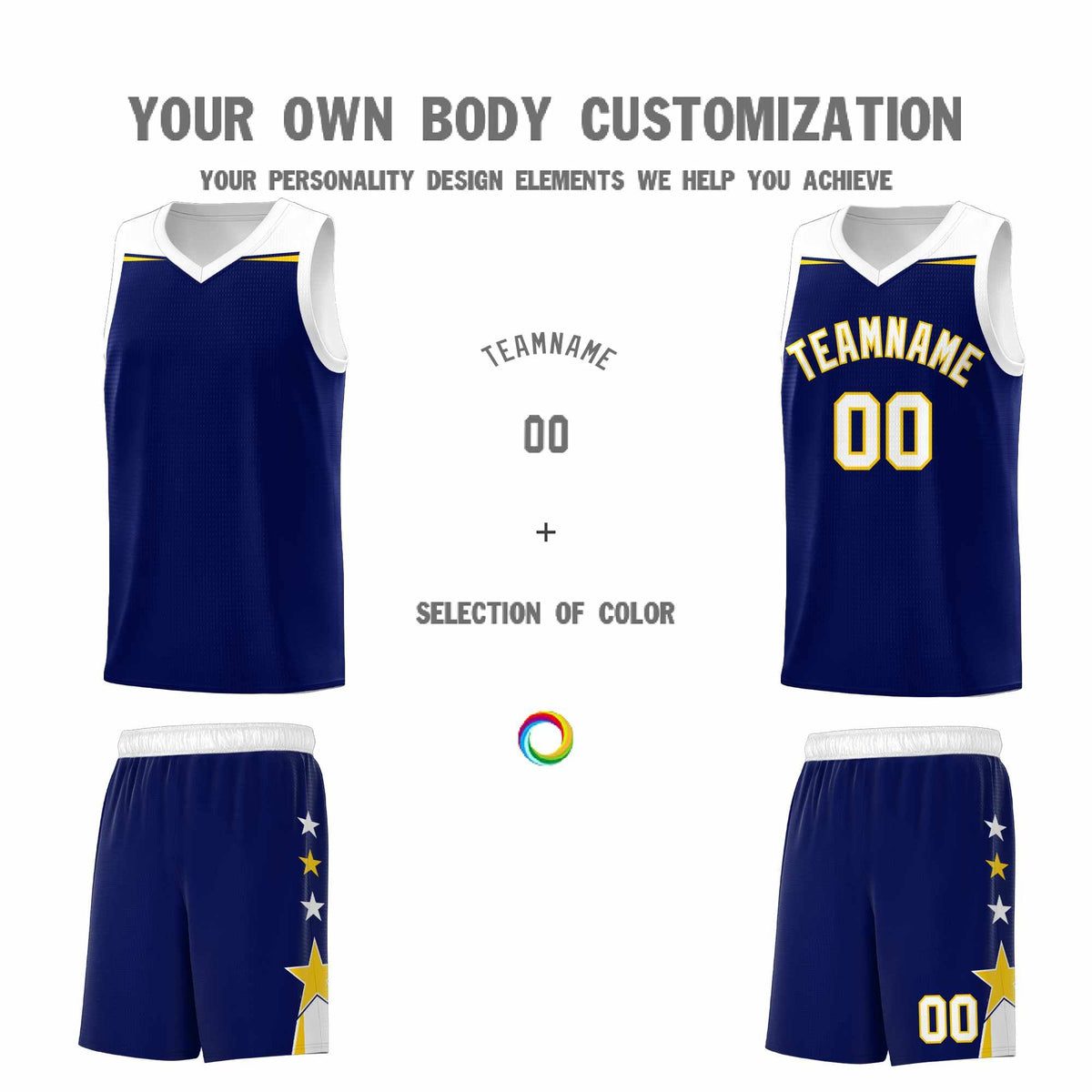 Custom Youth Basketball Uniform Navy White Two Tone Side Star Add Name Number &amp; Logo