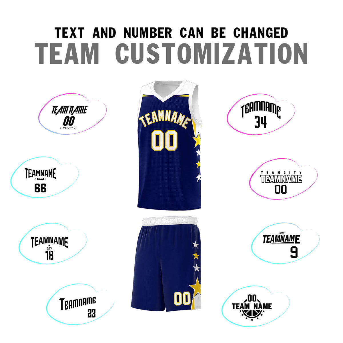 Custom Youth Basketball Uniform Navy White Two Tone Side Star Add Name Number &amp; Logo