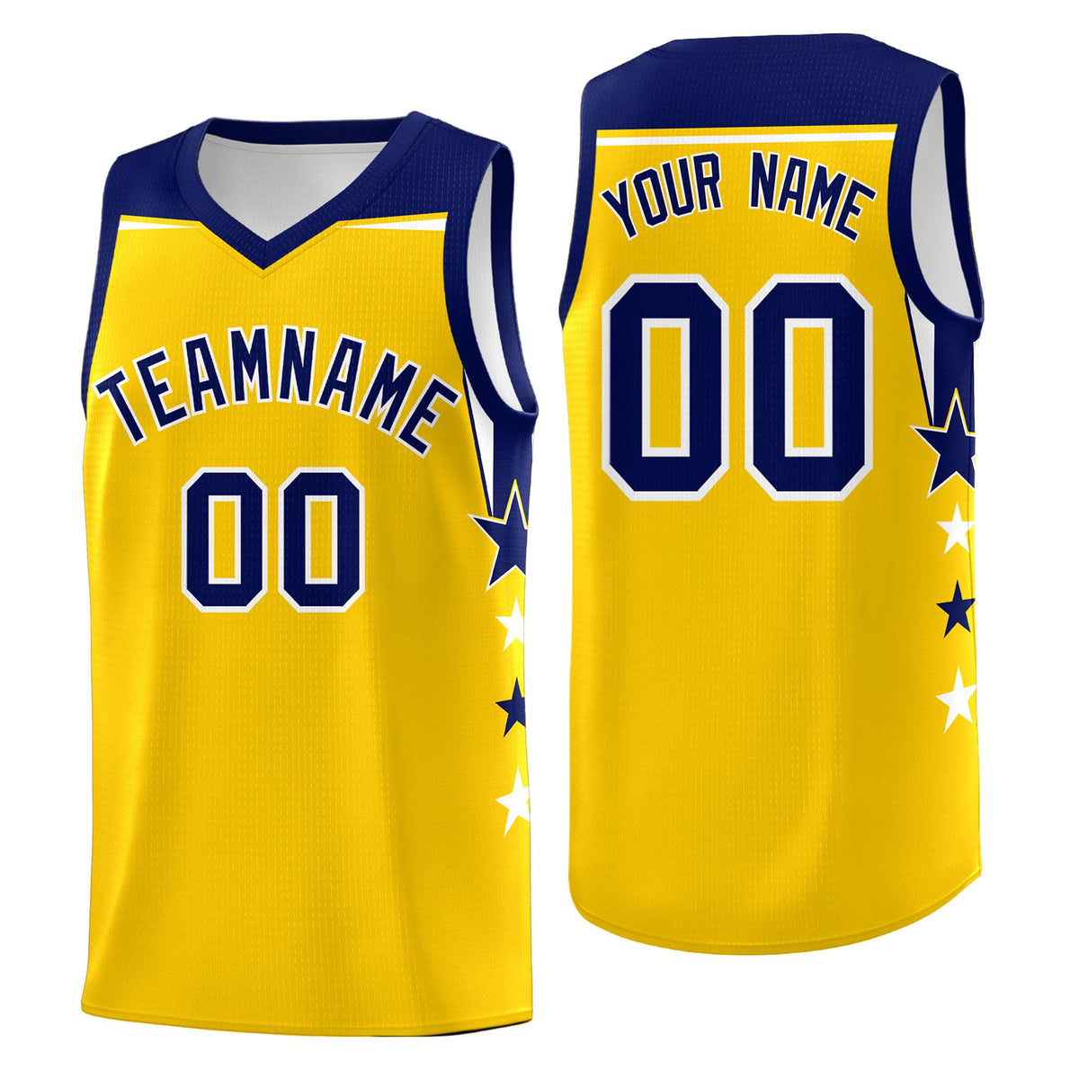 Custom Youth Basketball Uniform Gold Navy Two Tone Side Star Personalized Team Jersey