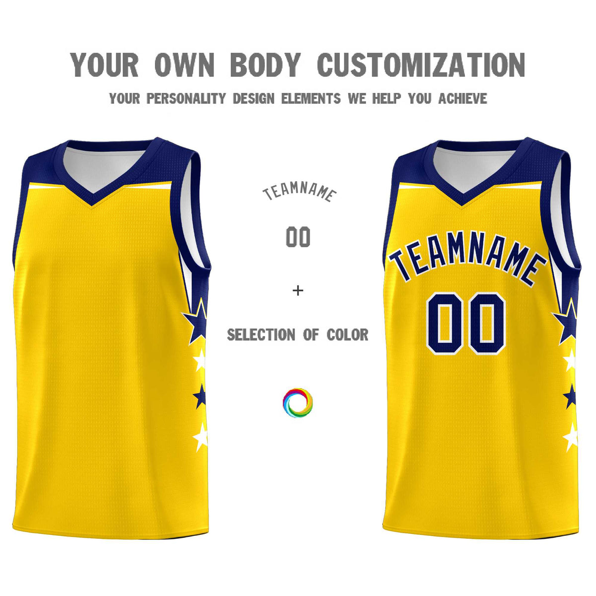 Custom Youth Basketball Uniform Gold Navy Two Tone Side Star Personalized Team Jersey