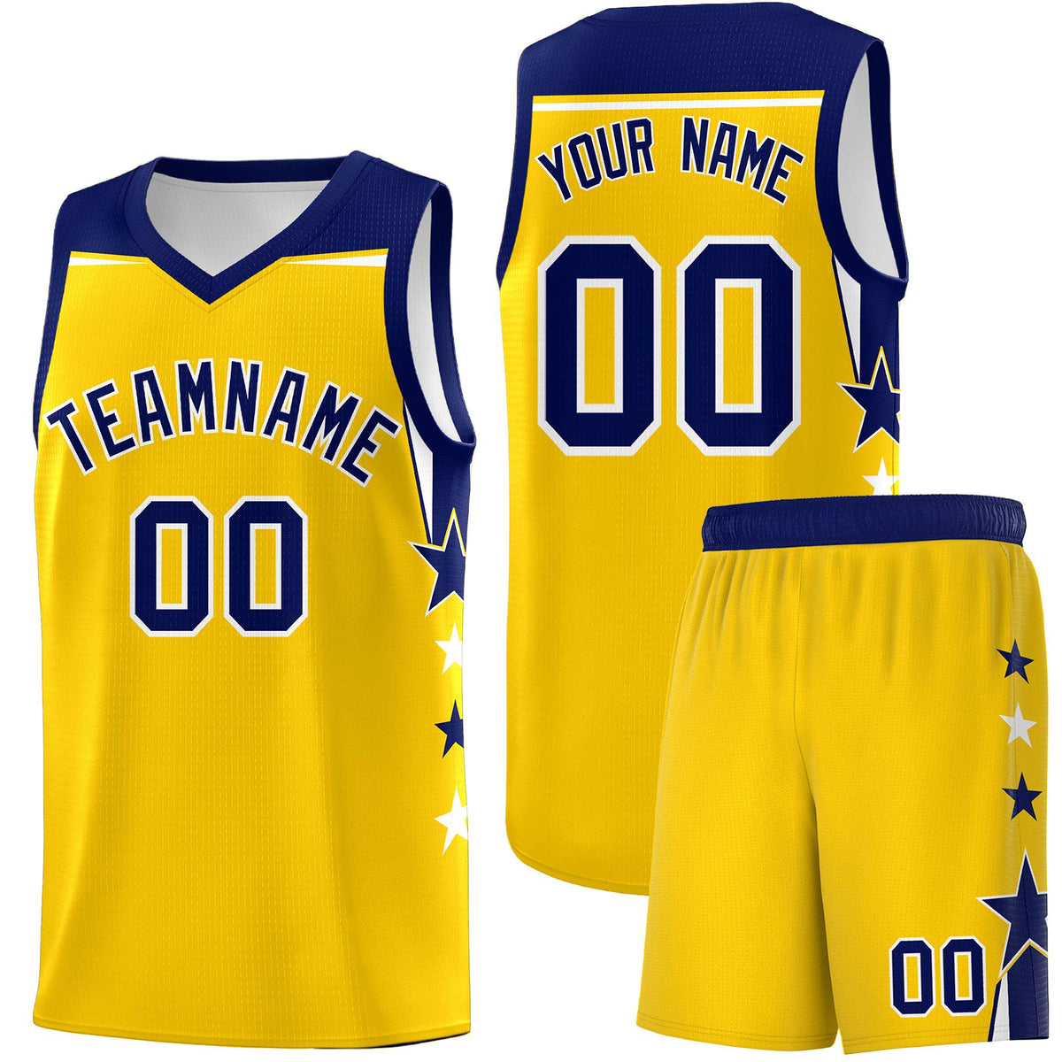 Custom Youth Basketball Uniform Gold Navy Two Tone Side Star Personalized Team Jersey