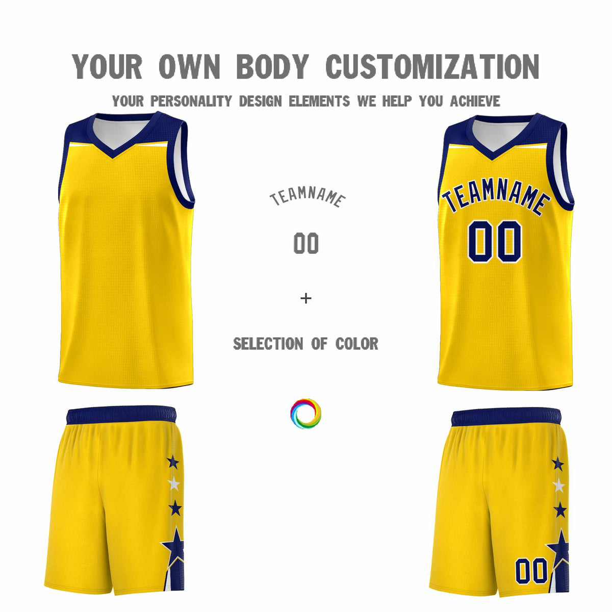 Custom Youth Basketball Uniform Gold Navy Two Tone Side Star Personalized Team Jersey