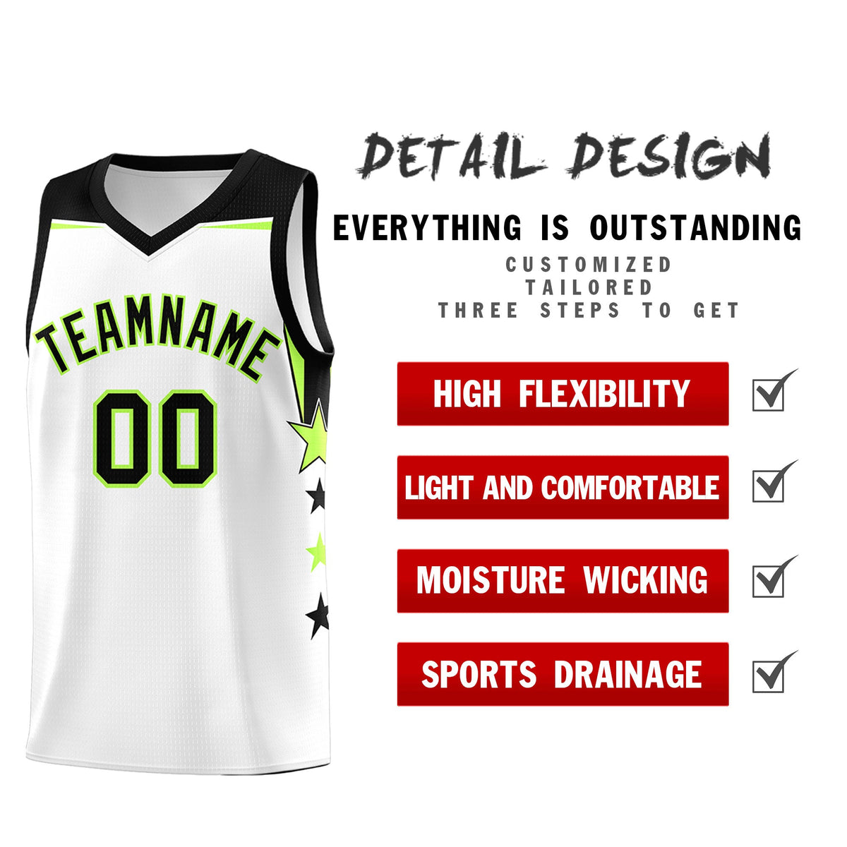 Custom Youth Basketball Uniform White Black Two Tone Side Star Add Name Number &amp; Logo