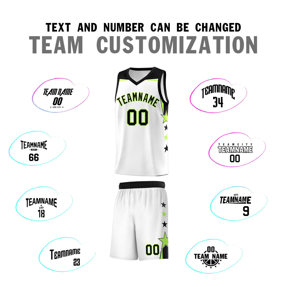 Custom Youth Basketball Uniform White Black Two Tone Side Star Add Name Number &amp; Logo