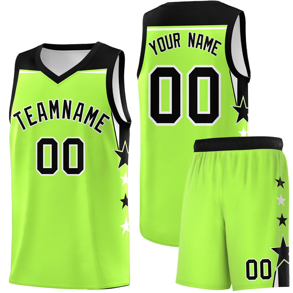 Custom Youth Basketball Uniform Fluorescent Green Black Two Tone Side Star Add Name Number &amp; Logo