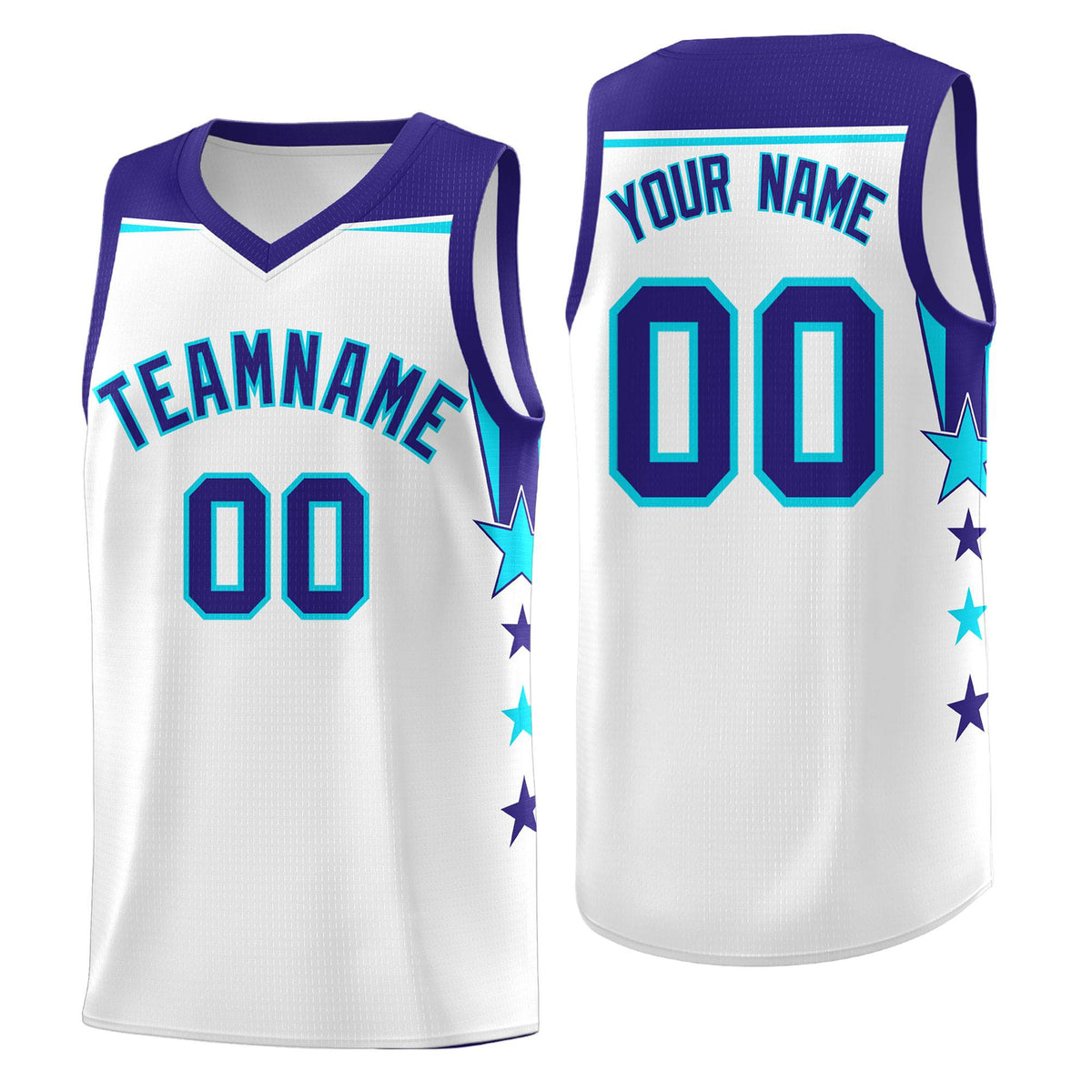 Custom Youth Basketball Uniform White Royal Two Tone Side Star Color Block Team Jersey
