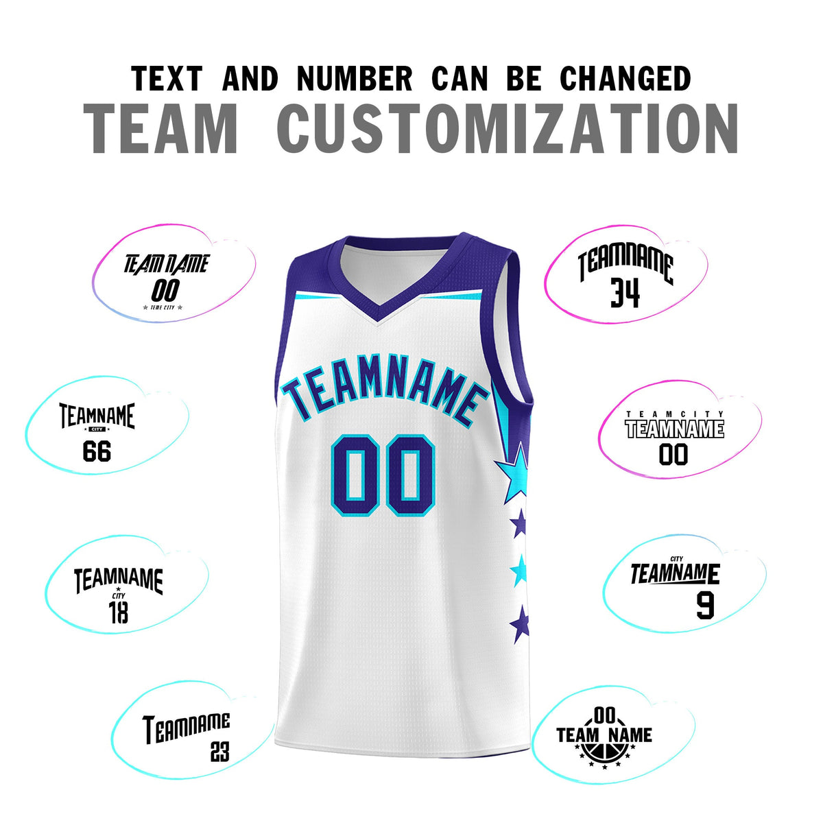 Custom Youth Basketball Uniform White Royal Two Tone Side Star Color Block Team Jersey