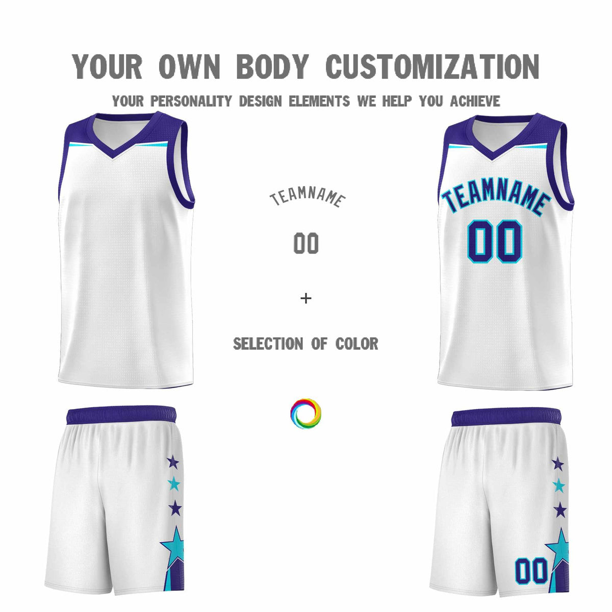 Custom Youth Basketball Uniform White Royal Two Tone Side Star Color Block Team Jersey