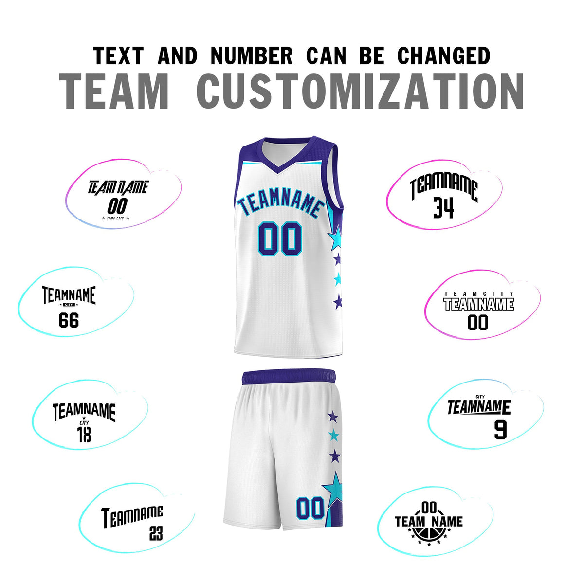 Custom Youth Basketball Uniform White Royal Two Tone Side Star Color Block Team Jersey