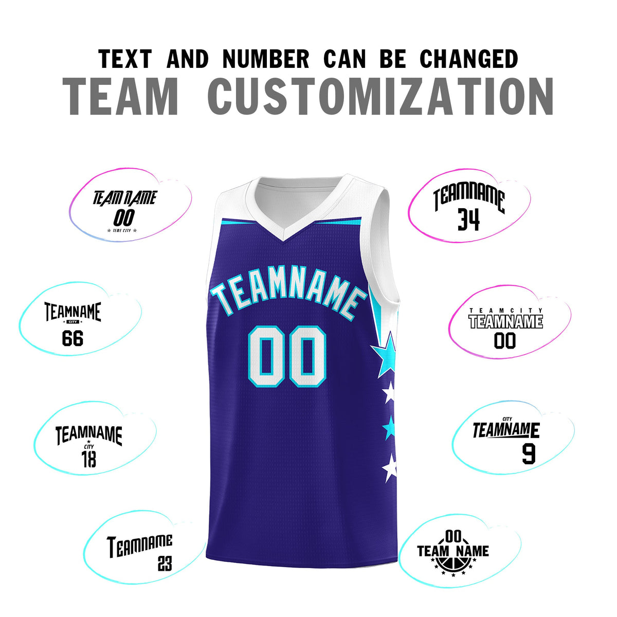 Custom Youth Basketball Uniform Royal White Two Tone Side Star Add Name Number &amp; Logo