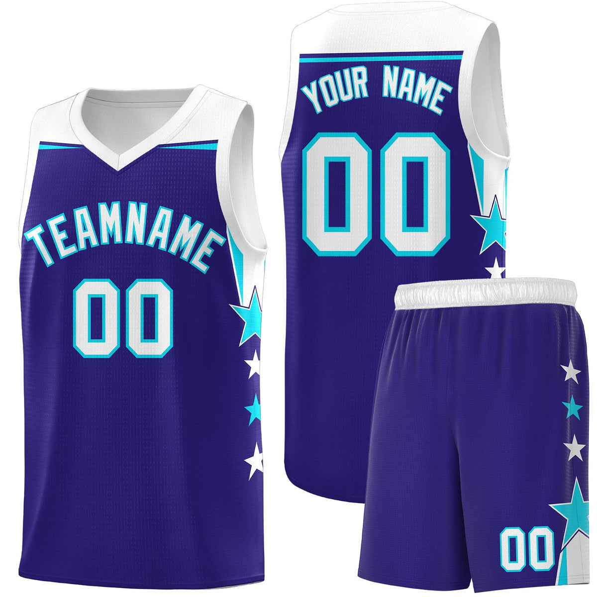 Custom Youth Basketball Uniform Royal White Two Tone Side Star Add Name Number &amp; Logo
