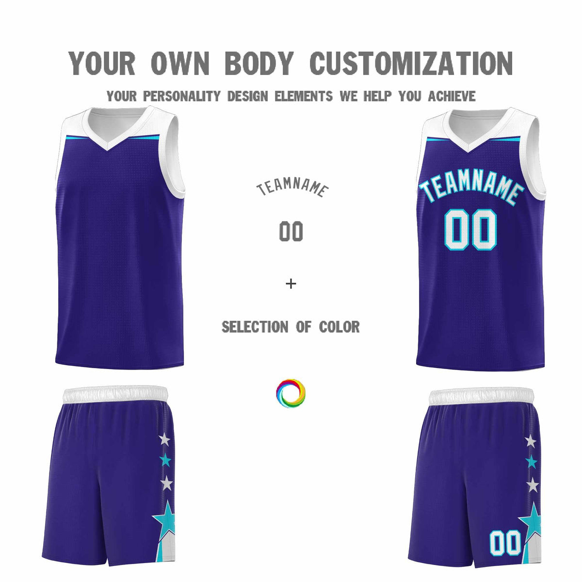 Custom Youth Basketball Uniform Royal White Two Tone Side Star Add Name Number &amp; Logo